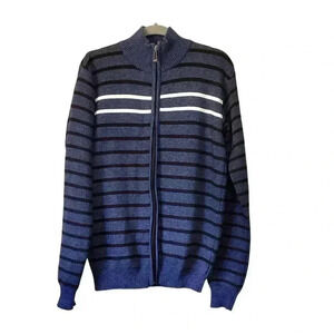 True Rock Women's Sweater Black and Blue Striped Full Zip Turtleneck Size Large